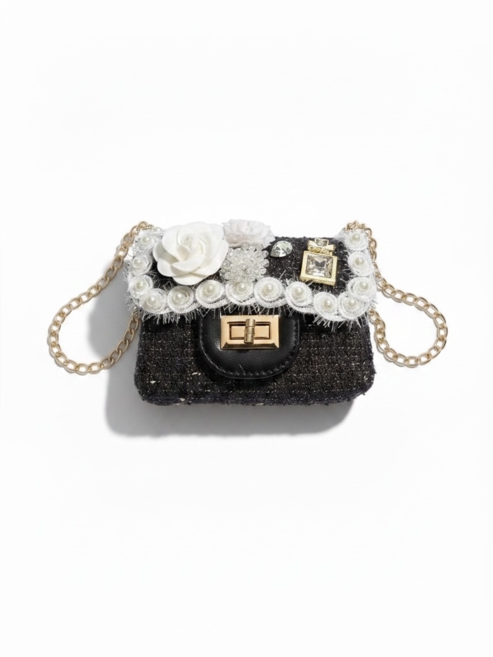 New Girls' Black Tweed with Charms Mini Crossbody Shoulder Bag Purse Chain Strap